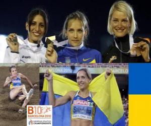 Puzle Olha Saladuha campeão do salto triplo, Simona La Mantia, Svetlana Bolshakov (2 e 3) do Campeonato Europeu de Atletismo de Barcelona 2010