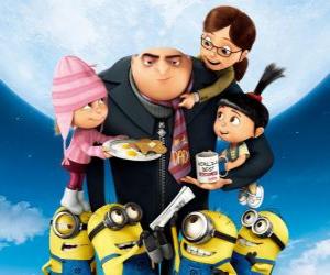 Puzle Os protagonistas do filme Meu malvado favorito ou Gru, O Maldisposto. O supervilão Gru e os Minions; e Margo, Edith e Agnes, três meninas órfãs