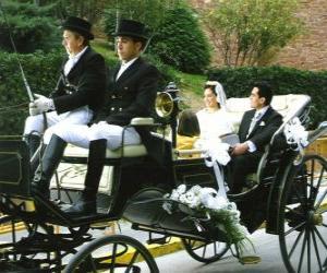 Puzle Os recém-casados deixar a cerimônia em um cavalo desenhado transporte