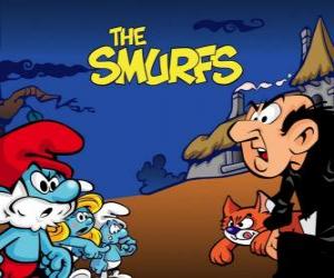 Puzle Os Smurfs contra terrível feiticeiro Gargamel e seu gato Azrael