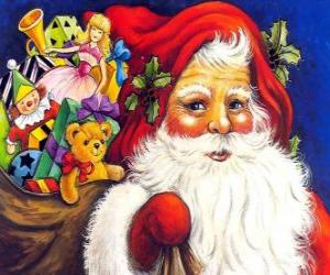 Puzle Papai Noel com um grande saco cheio de brinquedos para dar às crianças no Natal