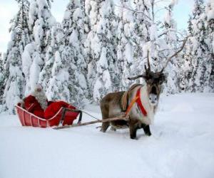 Puzle Papai Noel em seu trenó com renas na neve