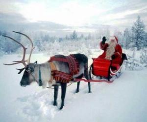 Puzle Papai Noel em seu trenó mágico voador puxado por uma rena de Natal