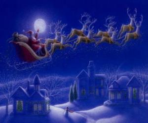 Puzle Papai Noel em seu trenó mágico puxado por renas voadoras na noite de Natal