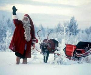 Puzle Papai Noel ou Papai Natal acenando com seu trenó