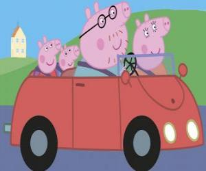 Puzle Peppa Pig com sua família no carro: Papai Porco, Mamãe Porco e Porco George, seu irmão mais novo