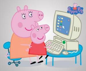 Puzle Peppa Pig e sua mãe no computador