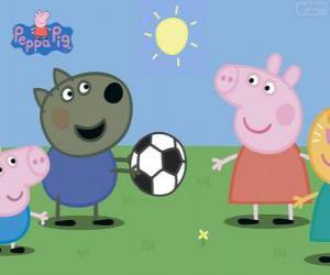 Puzle Peppa Pig jogando a bola com os amigos