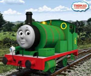 Puzle Percy, o mais jovem locomotiva, verde e com o número 6. Percy é o melhor amigo de Thomas