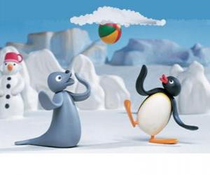 Puzle Pingu e Robby a foca brincando com o trenó