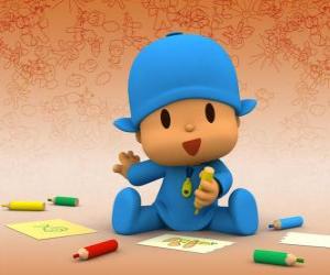 Puzle Pocoyo sentado no chão e fazendo um desenho em uma folha de papel