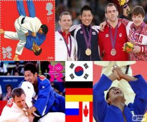Puzle Podio judô masculino - 81 kg, Jae-Bum Kim (Coréia do Sul), Ole Bischof (Alemanha) e Ivan Nifontov (Rússia), Antoine Valois-Fortier (Canadá) - Londres 2012-