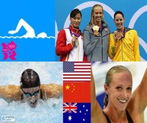 Puzle Podio Natação 100 m estilo borboleta feminina, Dana Vollmer (Estados Unidos), Lu Ying (China) e Alicia Coutts (Austrália) - Londres 2012-