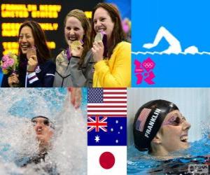 Puzle Podio natação 100m estilo costas mulheres, Missy Franklin (Estados Unidos), Emily Seebohm (Austrália) e Aya Terakawa (Japão) - Londres 2012-