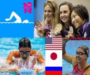 Puzle Podio natação 200 m bruços femininos, Rebecca Soni (Estados Unidos), Satomi Suzuki (Japão), Yulia Efimova (Rússia) - Londres 2012-