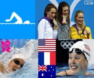 Puzle Podio natação 200 m livre feminino, Allison Schmitt (Estados Unidos), Camille Muffat (França) e Bronte Barratt (Austrália) - Londres 2012-