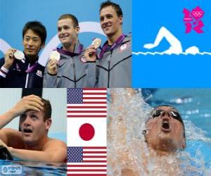 Puzle Podio natação 200m estilo costas masculinos, Tyler Clary (Estados Unidos), Ryosuke Irie (Japão) e Ryan Lochte (Estados Unidos) - Londres 2012-