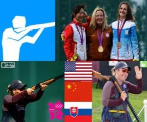 Puzle Podio Skeet feminino, Kim Rhode (EUA), Ning Wei (China) e Danka Bartekova (Eslováquia) - Londres 2012-