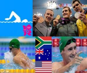 Puzle Podium natação 100 m bruços masculino, Cameron van der Burgh (África do Sul), Christian Sprenger (Austrália) e Brendan Hansen (Estados Unidos) - Londres 2012 - estilo