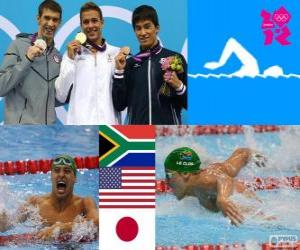 Puzle Podium Natação 200 m borboleta masculino, Chad le Clos (África do Sul), Michael Phelps (Estados Unidos) e Takeshi Matsuda (Japão) - Londres 2012-
