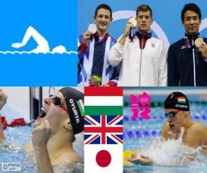 Puzle Podium natação 200 m bruços masculino, Daniel Gyurta (Hungria), Michael Jamieson (Reino Unido) e Ryo Tateishi (Japão) - Londres 2012-