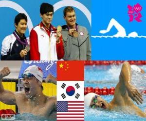 Puzle Podium Natação 400 m freestyle homens, Sun Yang (China), Park Tae-Hwan (Sul da Coréia) e Peter Vanderkaay (Estados Unidos) - Londres 2012-