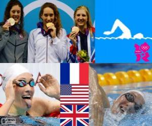 Puzle Podium Natação 400 m livre feminino, Camille Muffat (França), Allison Schmitt (Estados Unidos) e Rebecca Adlington (Reino Unido) - Londres 2012 -