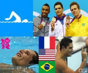 Puzle Podium natação 50 m livre masculino, Florent Manaudou (França), Cullen Jones (Estados Unidos) e César Cielo (Brasil) - Londres 2012-