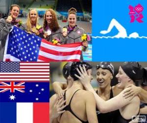 Puzle Podium natação revezamento 4 x 200 metros livre feminino, Estados Unidos, Austrália e França