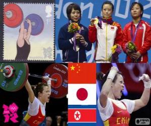Puzle Pódio 48 kg de levantamento de peso feminino, Wang Mingjuan (China), Hiromi Miyake (Japão) e Ryang Chun-Hwa (Coreia do Norte) - Londres 2012-