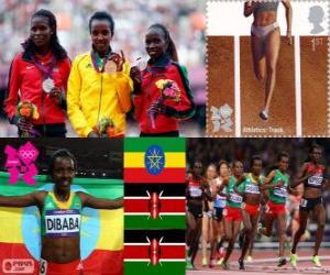 Puzle Pódio Atletismo 10.000 m feminino, Tirunesh Dibaba (Etiópia), Sally Kipyego e Vivian Cheruiyot (Quênia) - Londres 2012-