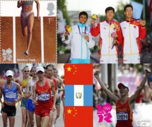 Puzle Pódio Atletismo 20 km marcha atlética masculina, Chen Ding (China), Erick Barrondo (Guatemala) e Wang Zhen (China) - Londres 2012-