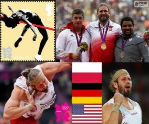 Puzle Pódio atletismo arremesso de peso masculino, Tomasz Majewski (Polónia), David Storl (Alemanha) e Reese Hoffa (Estados Unidos) - Londres 2012 - o