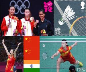 Puzle Pódio badminton simples feminino, Li Xuerui (China), Wang Yihan (China) e Saina Nehwal (Índia) - Londres 2012-