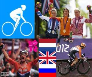 Puzle Pódio ciclismo corrida em estrada feminina, Marianne Vos (Holanda) Elizabeth Armitstead (Reino Unido) e Olga Zabelinskaya (Rússia) - Londres 2012-