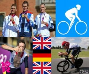 Puzle Pódio ciclismo de estrada contra o relógio homens, Bradley Wiggins (Grã-Bretanha), Tony Martin (Alemanha) e Christopher Froome (Reino Unido) - Londres 2012-