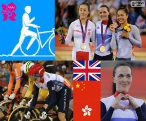 Puzle Pódio ciclismo Keirin feminino, Victoria Pendleton (Reino Unido), Guo Shuang (China) e Lee Wai-Sze (Hong Kong) - Londres 2012-