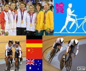Puzle Pódio de ciclismo pista de velocidade por equipes femininas, Kristina Vogel, Miriam Welte (Alemanha), Gong Jinjie, Shuang Guo (China) e Kaarle McCulloch, Anna Meares (Austrália) - Londres 2012-