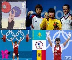 Puzle Pódio de levantamento de peso 53 kg feminino, Zulfia Tchinchanlo (Cazaquistão), Hsu Shu-Ching (Taipé Chinês) e Cristina Iovu e Cristina Iovu (Moldávia) - Londres 2012-