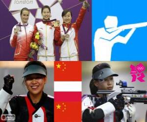 Puzle Pódio de tiro, carabina de ar 10 m feminino, Yi Siling (China), fácil Bogacka (Polónia) e Yu Dan (China)