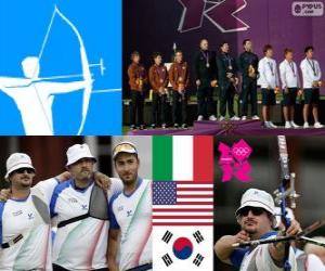 Puzle Pódio equipes do homens tiro com arco, Itália, Estados Unidos e Coréia do Sul - Londres 2012-