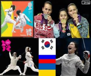 Puzle Pódio Esgrima sabre individual feminino, Kim Ji-Yeon (Coreia do Sul), Sofia Velikaya (Rússia) e Olga Jarlan (Ucrânia) - Londres 2012-