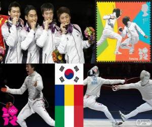 Puzle Pódio Esgrima sabre por equipes masculino, Coreia masculino do Sul, Roménia, Itália - Londres 2012-