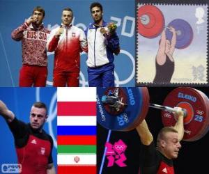 Puzle Pódio Halterofilismo 85 kg masculino, Adrian Frantsevich (Polónia), fitness Aujadov (Rússia) e (Irã) - Londres 2012 - Kianoush Rostami