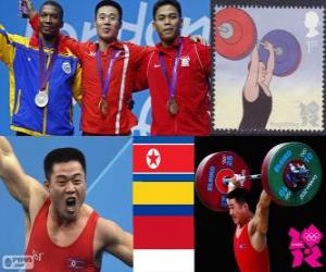 Puzle Pódio Halterofilismo até 62 kg masculino, Kim Un-Guk (Coreia do Norte), Oscar Figueroa (Colômbia) e Eko Yuli Irawan (Indonésia) - Londres 2012-