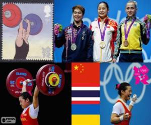 Puzle Pódio halterofilismo até 58 kg feminino, Li Xueying (China), Pimsiri Sirikaew (Tailândia) e Yulia Kalina (Ucrânia) - Londres 2012-