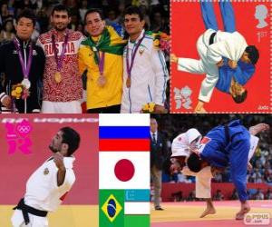 Puzle Pódio judô - 60 kg masculino, Arsen Galstian (Rússia), Hiroaki Hiraoka (Japão) e Philip Kitadai (Brasil), (Uzbequistão) - Londres 2012 - Rishod Sobirov