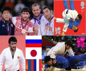 Puzle Pódio judô - 73 kg masculino, Mansur Isayev (Rússia), Riki Nakaya (Japão) e Lydiane-conceicao Pratt Sainjargal (Mongólia), Legrand Ugo (França) - Londres 2012 -