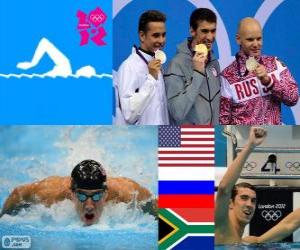 Puzle Pódio natação 100 m estilo borboleta masculino, Michael Phelps (EUA), Evgeni Korotyshkin (Rússia), Chad le Clos (África do Sul) - Londres 2012-