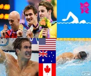 Puzle Pódio natação 100 m livre masculino, Nathan Adrian (Estados Unidos), James Magnussen (Austrália) e Brent Hayden (Canadá) - Londres 2012-